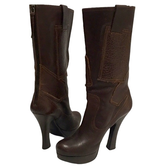 Miu  Miu Heel Tall  Brown Italian Made Leather Platform Boots Size 7 - Picture 1 of 12
